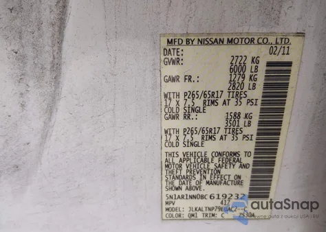 2011 Nissan Pathfinder Sv z USA, uszkodzony, nr VIN 5N1AR1NN0BC619232